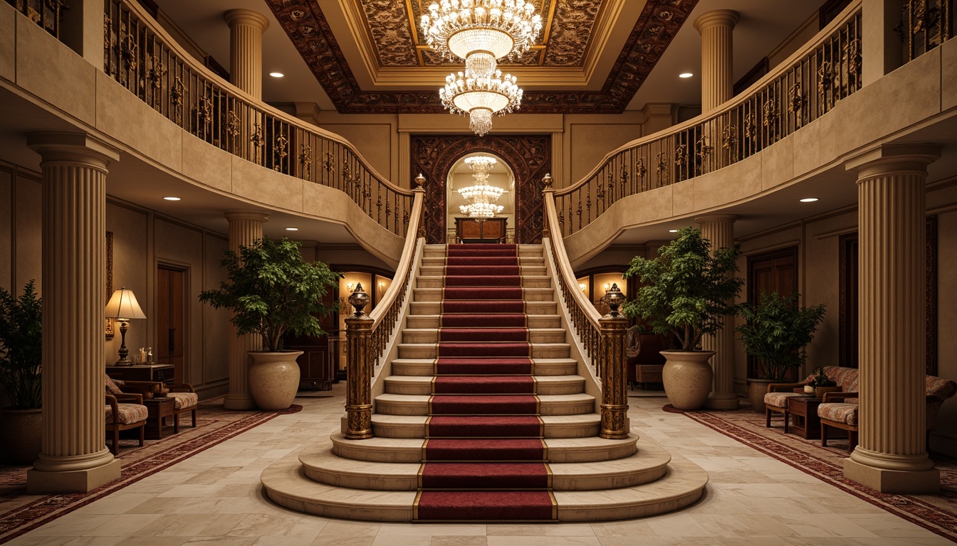 Prompt: Grand staircase, ornate balusters, intricately carved railings, polished marble steps, elegant curved lines, luxurious velvet carpeting, richly ornamented walls, crystal chandeliers, opulent furnishings, lavish decorative moldings, neoclassical columns, stately archways, subtle warm lighting, shallow depth of field, 1/1 composition, symmetrical framing, realistic textures, ambient occlusion.