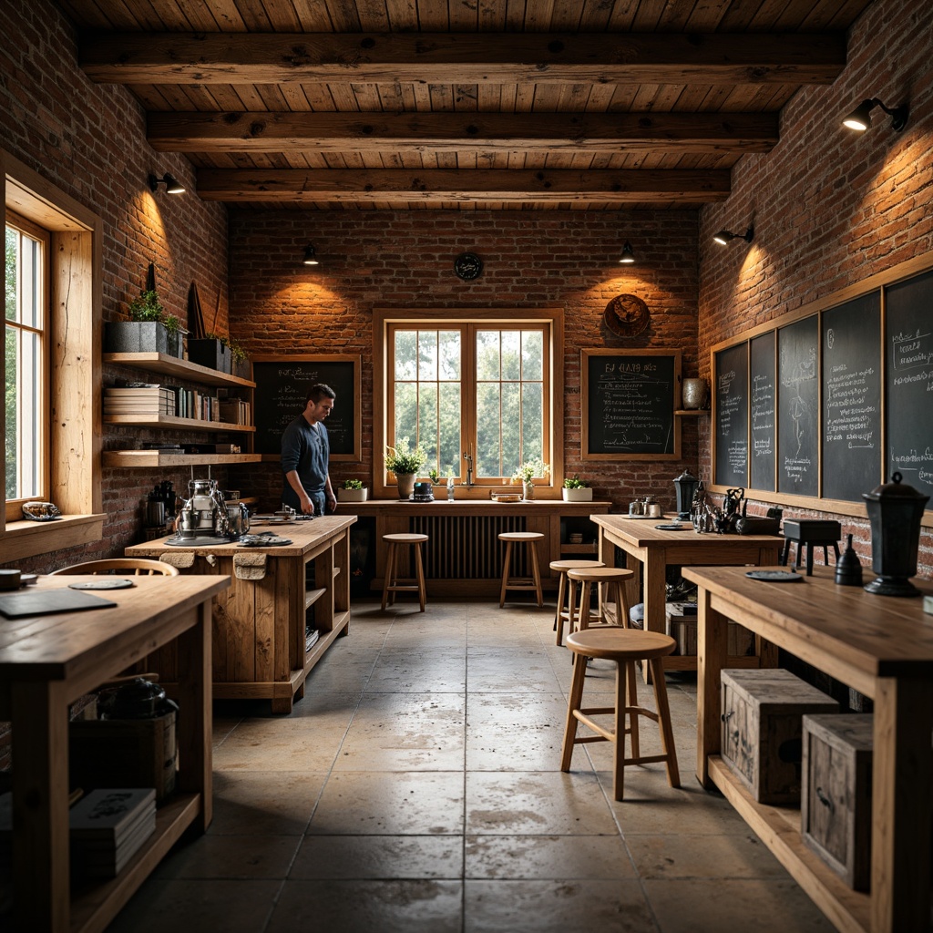 Prompt: Rustic woodwork, exposed brick walls, natural stone flooring, wooden workbenches, metal tools, vintage machinery, earthy color palette, warm soft lighting, cozy atmosphere, academic blackboards, wooden shelves, leather-bound books, industrial-style lamps, reclaimed wood accents, distressed finishes, organic textures, shallow depth of field, 1/1 composition, realistic rendering.