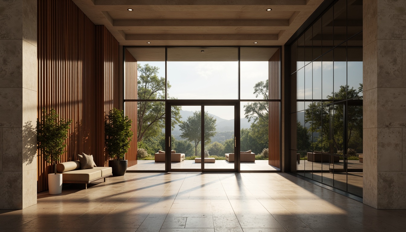 Prompt: Elegant entryway, sleek glass doors, transparent walls, minimalist design, modern architecture, polished metal handles, sophisticated lighting fixtures, luxurious wood floors, subtle color palette, natural stone accents, ambient shadows, soft warm glow, shallow depth of field, 3/4 composition, panoramic view, realistic reflections, intricate glass patterns.