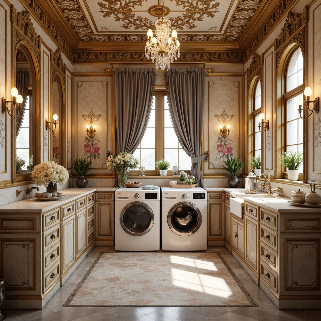 Prompt: \Opulent laundry room, intricately carved wooden cabinetry, gilded accents, ornate mirrors, delicate floral patterns, soft pastel hues, marble countertops, crystal chandeliers, velvet drapes, antique furniture pieces, distressed finishes, warm golden lighting, shallow depth of field, 1/1 composition, romantic atmosphere, realistic textures, ambient occlusion.\