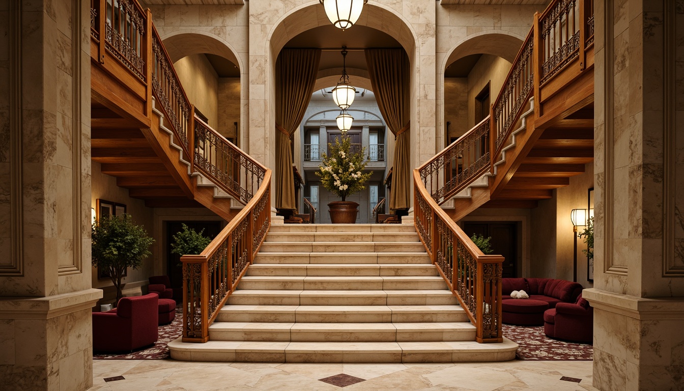 Prompt: Grand staircase, ornate balusters, polished marble steps, intricately carved wooden handrails, elegant curved lines, symmetrical composition, richly textured stone walls, stately columns, imposing archways, refined metalwork, sophisticated lighting fixtures, warm golden tones, luxurious velvet upholstery, subtle ornamental details, harmonious proportions, balanced architectural elements, soft warm glow, shallow depth of field, 2/3 composition, realistic textures, ambient occlusion.