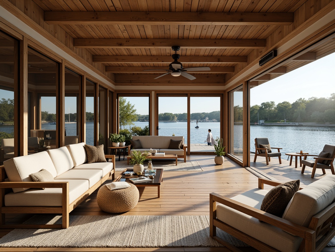 Prompt: Waterfront boathouse, rustic wooden docks, serene lake views, abundant natural light, floor-to-ceiling windows, sliding glass doors, wooden accents, nautical decorations, cozy reading nooks, plush furnishings, warm beige tones, soft diffused lighting, 1/1 composition, shallow depth of field, realistic water reflections, ambient occlusion.