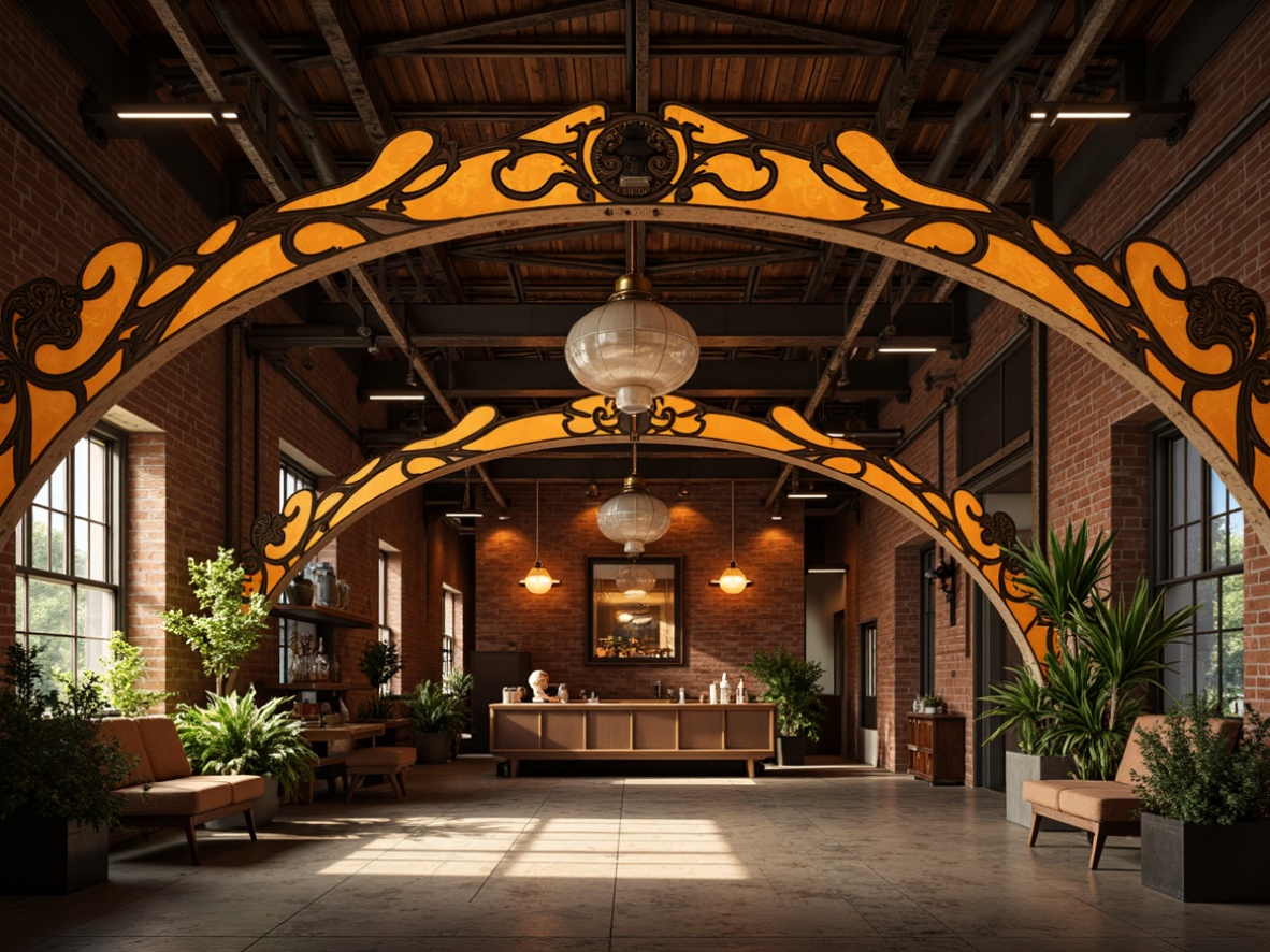 Prompt: Art Nouveau garage, ornate metalwork, flowing curves, organic shapes, warm golden lighting, pendant lamps, intricately designed fixtures, glass shades, bronze accents, vintage industrial aesthetic, exposed brick walls, wooden beams, distressed finishes, softbox lighting, 1/1 composition, low-key illumination, dramatic shadows, realistic reflections.