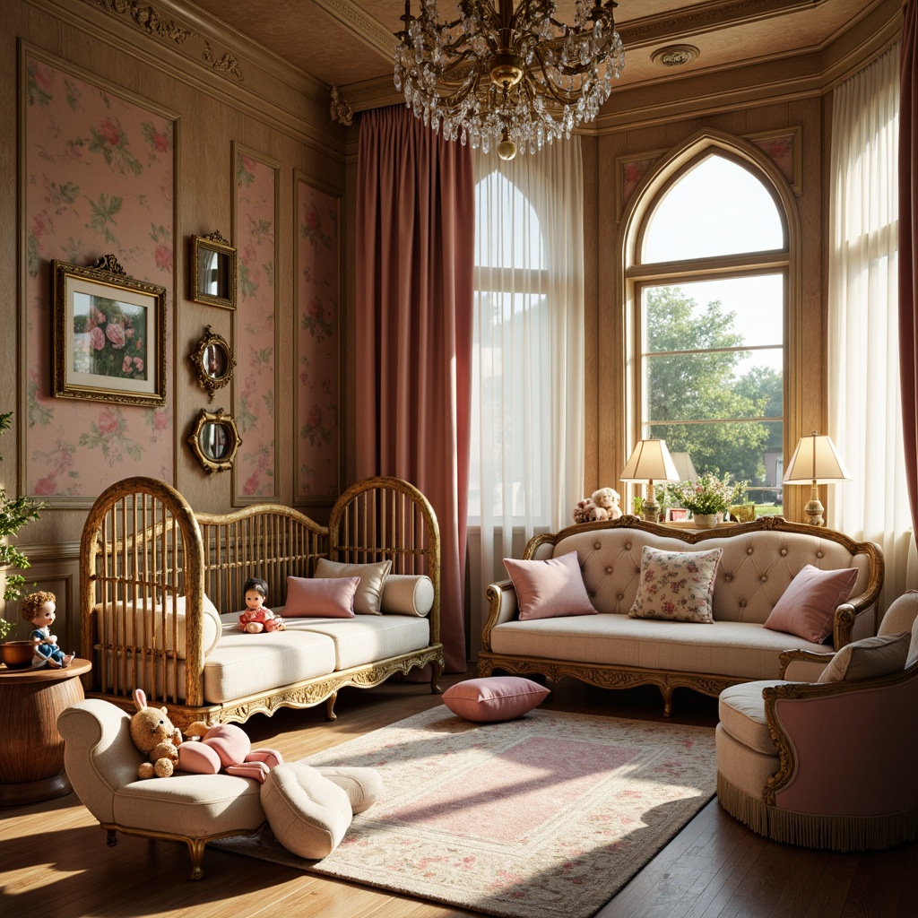 Prompt: Whimsical kid's room, rich wood tones, ornate furniture, plush toys, vintage dolls, soft pastel colors, elegant chandeliers, crystal drops, delicate metalwork, warm golden lighting, cozy reading nook, flower-patterned wallpaper, luxurious fabrics, intricate carvings, ornamental mirrors, romantic ambiance, warm white lighting, 1/1 composition, soft focus, dreamy atmosphere.