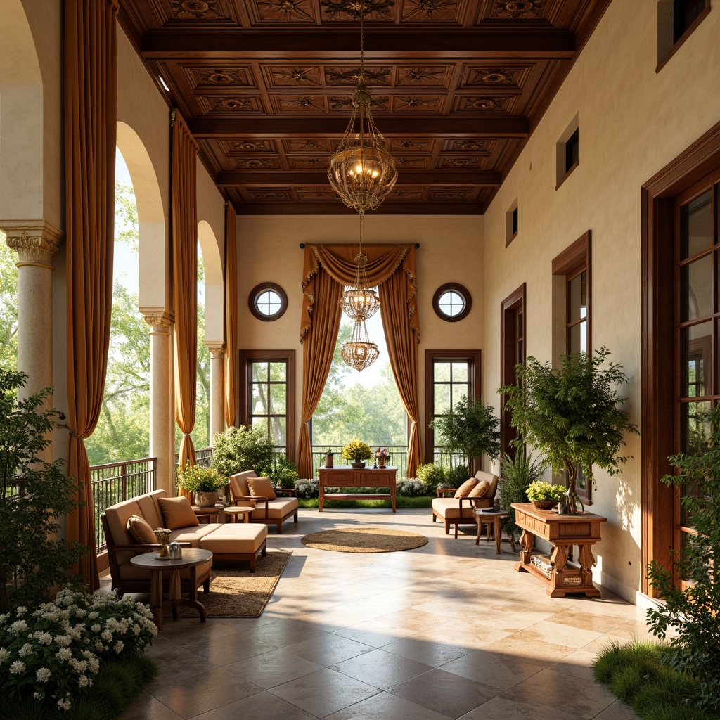 Prompt: Grand sunroom, ornate Renaissance-style architecture, lavish furnishings, intricately carved wooden panels, soft golden light, warm beige walls, elegant chandeliers, refined velvet drapes, lush greenery, blooming flowers, natural stone flooring, marble accents, high ceilings, arched windows, panoramic views, realistic textures, ambient occlusion, shallow depth of field, 3/4 composition.