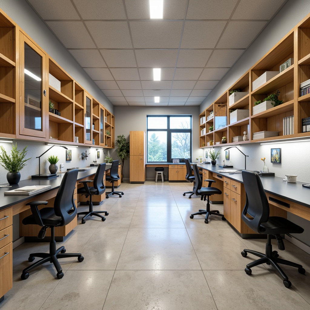 Prompt: Academic laboratory interior, wooden shelving units, modular storage systems, metal framed cabinets, glass doors, adjustable shelves, epoxy resin countertops, stainless steel workstations, ergonomic seating, overhead lighting, task lamps, natural stone flooring, neutral color palette, organized layout, 3/4 composition, soft box lighting, realistic textures, ambient occlusion.