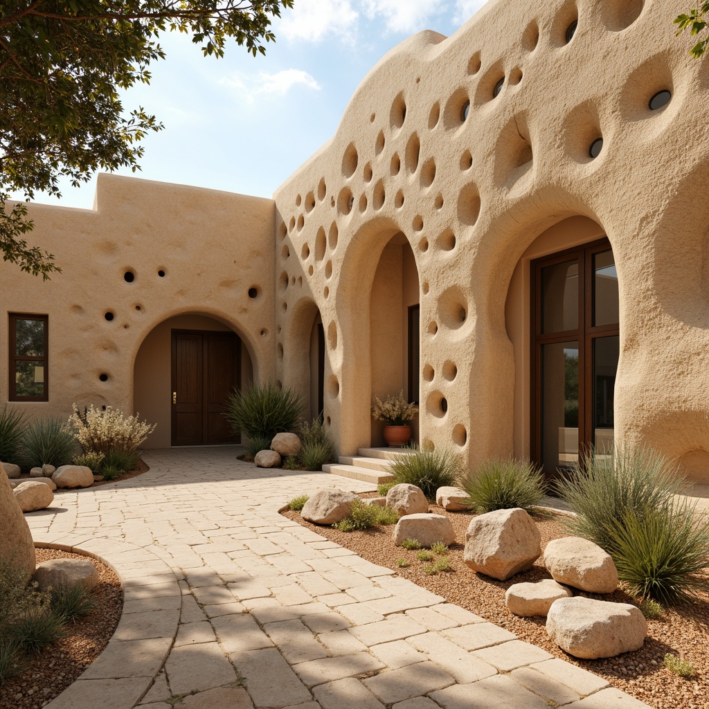 Prompt: Earthy rammed earth wall, natural textures, organic forms, rustic colors, rough-hewn stones, sandy undertones, warm beige hues, Mediterranean-inspired architecture, curved lines, irregular shapes, sustainable building materials, eco-friendly construction, natural insulation, thermal mass, passive solar design, sun-drenched fa\u00e7ade, soft warm lighting, shallow depth of field, 1/1 composition, realistic textures, ambient occlusion.