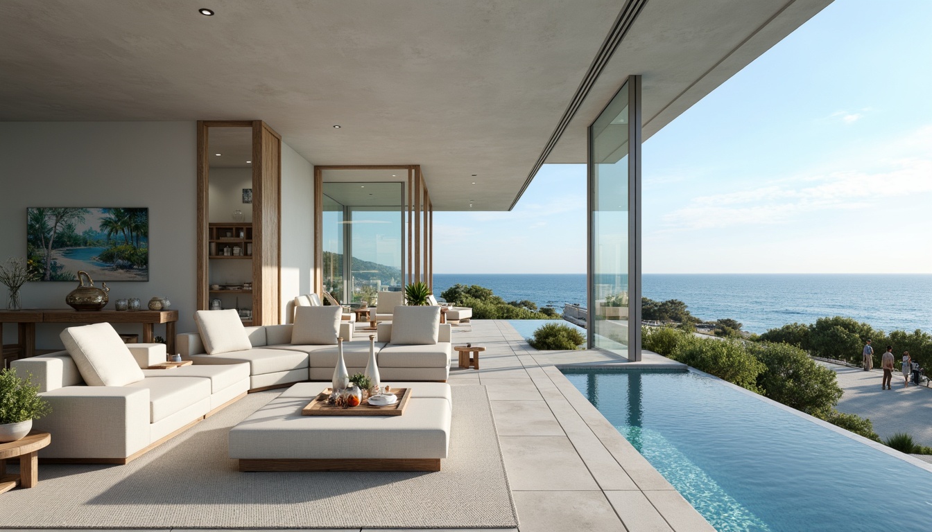 Prompt: Coastal residence, seaside villa, ocean views, large glass windows, sliding glass doors, transparent glass railings, minimalist decor, natural textures, weathered wood accents, driftwood furniture, soft blue color palette, calming atmosphere, warm sunlight, gentle sea breeze, beachy vibe, seaside lifestyle, modern coastal architecture, sleek lines, angular shapes, reflective glass surfaces, subtle wave patterns, ocean-inspired artwork, decorative shells, pebbles, and starfish.