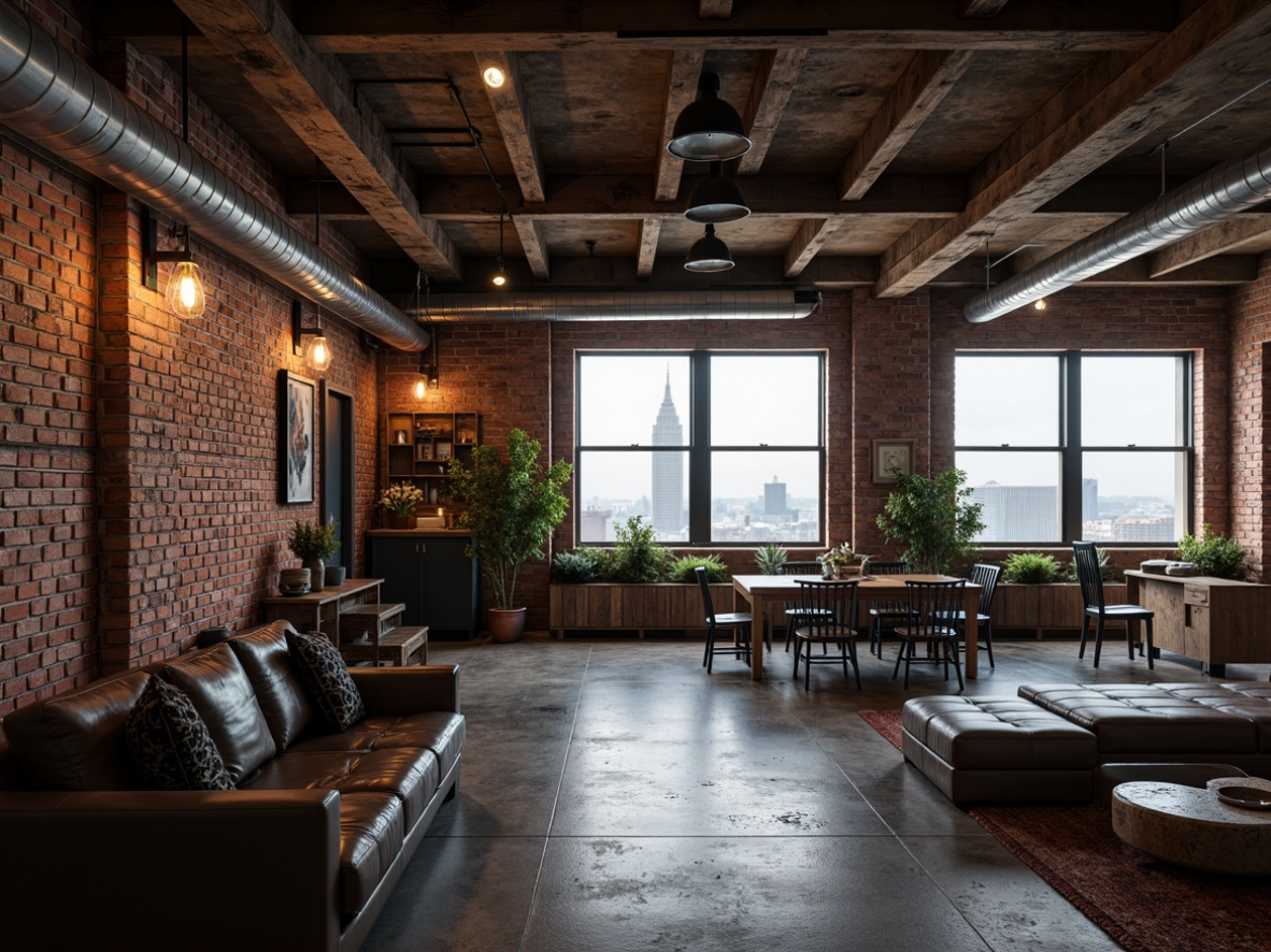 Prompt: Exposed brick walls, industrial metal beams, reclaimed wood accents, polished concrete floors, metallic pipes, vintage machinery parts, distressed leather furniture, Edison bulb lighting, urban cityscape views, foggy morning atmosphere, cinematic shallow depth of field, 2/3 composition, gritty realistic textures, ambient occlusion.