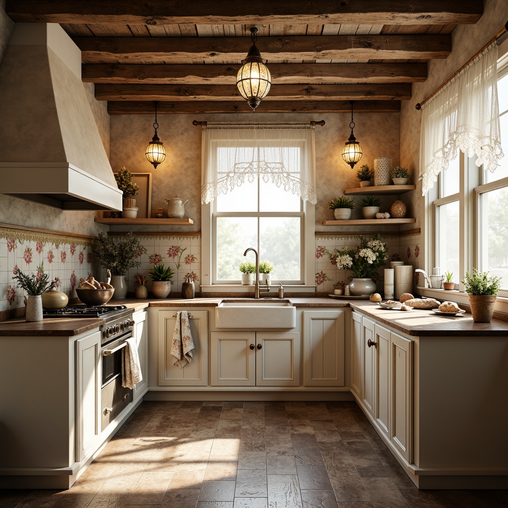 Prompt: Vintage kitchen, distressed finishes, ornate details, soft warm lighting, pendant lanterns, crystal chandeliers, rustic wooden beams, worn brick walls, antique appliances, floral patterns, lace curtains, pastel color palette, creamy whites, warm beige tones, natural stone countertops, reclaimed wood flooring, elegant cabinet hardware, classic sink fixtures, decorative tile backsplashes, morning sunlight, warm ambient glow, shallow depth of field, 1/1 composition, realistic textures, subtle shadows.