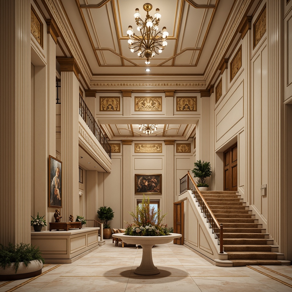 Prompt: Elegant neoclassical mansion, ornate columns, grand staircase, rich wood paneling, lavish chandeliers, subtle golden accents, soft cream walls, intricate moldings, luxurious velvet fabrics, ornamental metalwork, refined marble floors, stately proportions, dramatic lighting effects, warm beige tones, sophisticated 1/1 composition, high-contrast shading, realistic reflections.