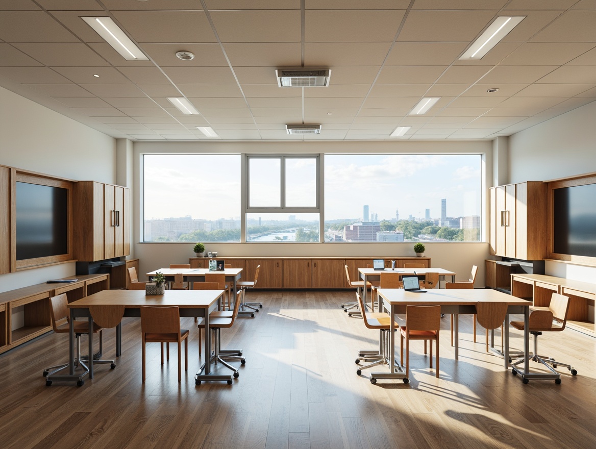 Prompt: Minimalist classroom setting, modern educational furniture, ergonomic chairs, adjustable desks, collaborative worktables, interactive whiteboards, sleek metal legs, wooden accents, vibrant color schemes, abundant natural light, soft indirect lighting, shallow depth of field, 1/1 composition, realistic textures, ambient occlusion.