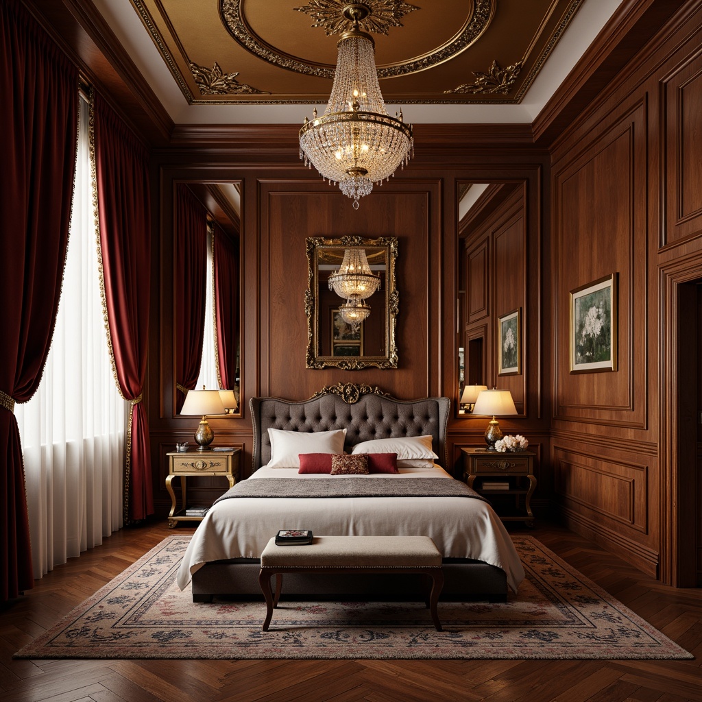 Prompt: Luxurious bedroom, lavish drapery, ornate mirrors, crystal chandeliers, geometric sconces, bronze lamp stands, velvet-upholstered furniture, rich wood tones, intricate inlays, glamorous metallic accents, soft warm glow, low-key lighting, 1/1 composition, shallow depth of field, realistic reflections, ambient occlusion.