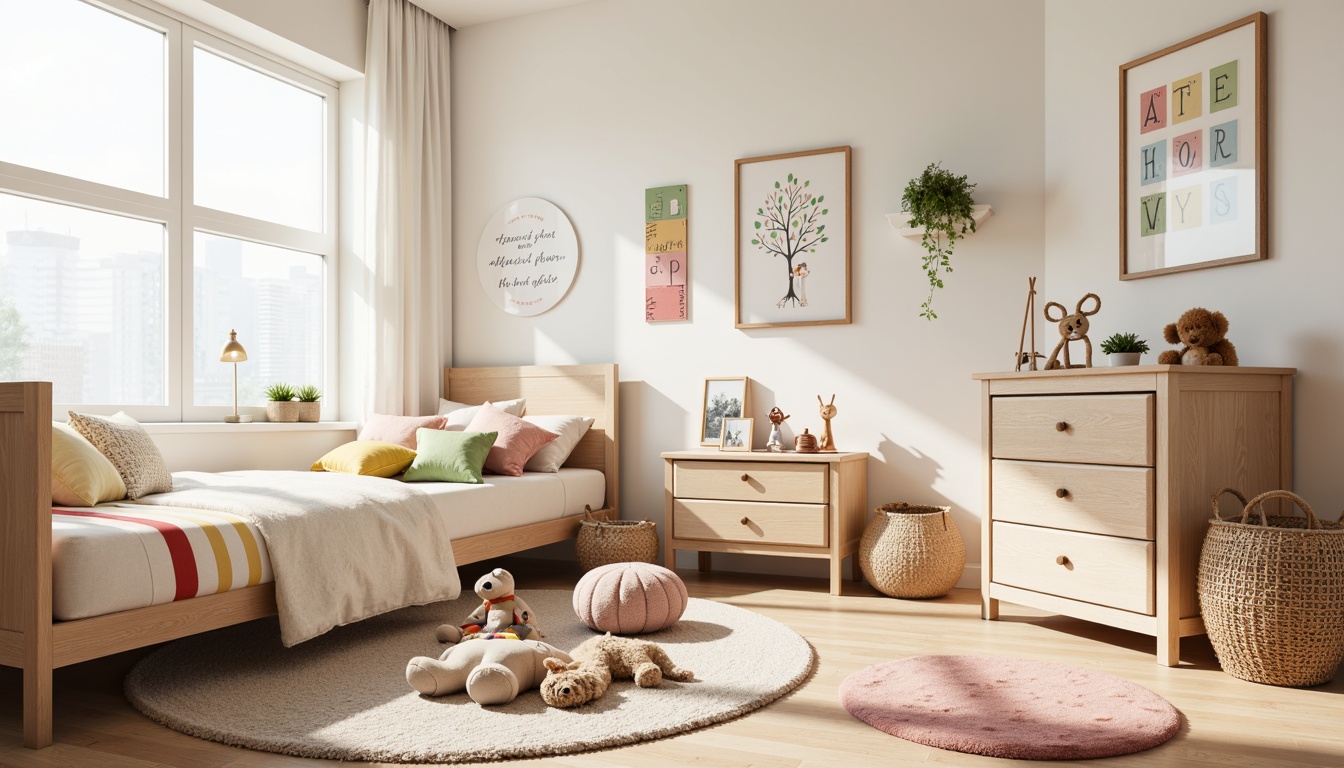 Prompt: Cozy kids' bedroom, soft plush toys, vibrant color palette, fun polka dots, playful stripes, whimsical patterns, comfortable bedding sets, fluffy area rugs, natural wood furniture, minimalist decor, warm task lighting, creamy white walls, gentle pastel hues, sweet nursery rhymes, adorable wall decals, interactive play mats, educational alphabet posters.