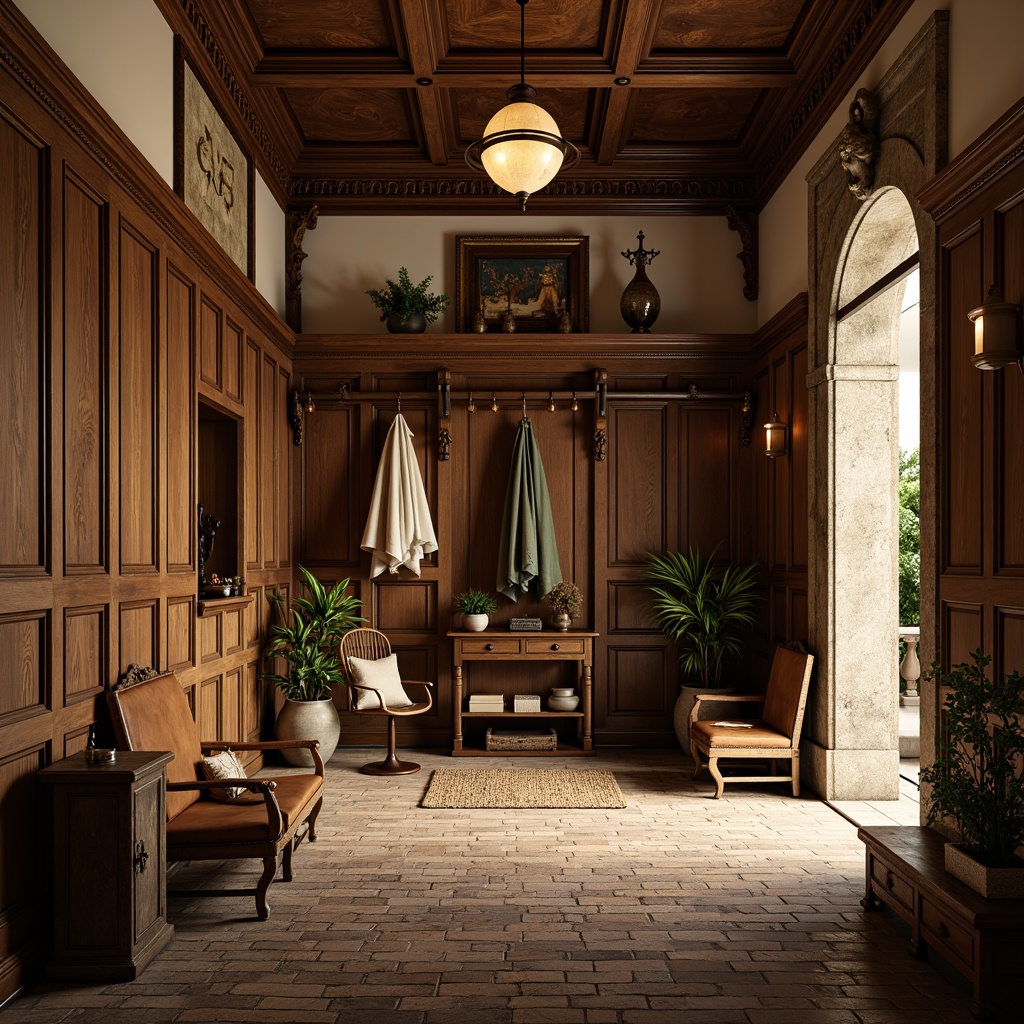 Prompt: Renaissance-style mudroom, ornate wooden paneling, carved stone archways, grand chandelier, rustic brick flooring, vintage furniture pieces, distressed leather benches, antique metal hooks, warm golden lighting, soft focus, shallow depth of field, 1/1 composition, realistic textures, ambient occlusion, intricate moldings, decorative cornices, lavish fabrics, rich wood tones.