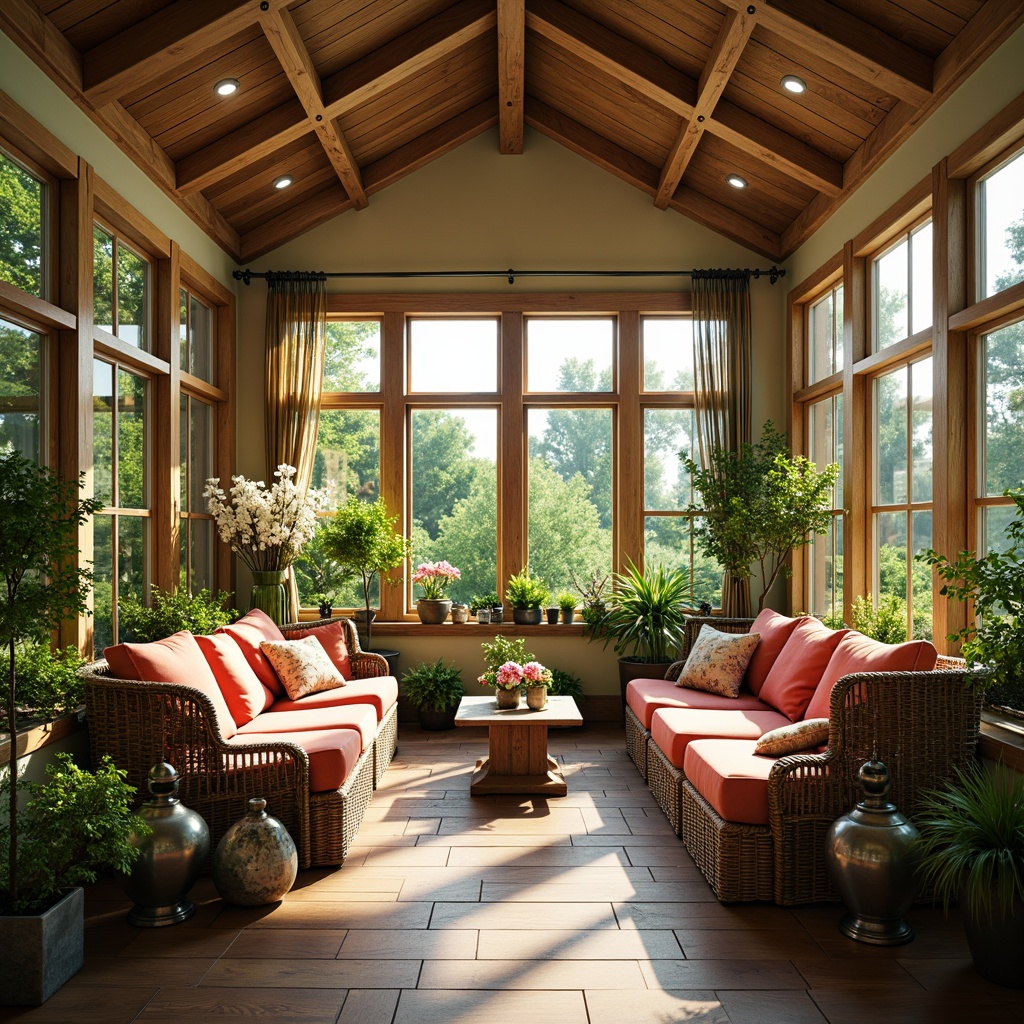 Prompt: Vibrant sunroom, lush greenery, natural light, warm wooden accents, comfortable wicker furniture, plush cushions, colorful throw pillows, elegant drapery, sheer curtains, subtle textures, metallic decorative accents, gleaming vases, blooming flowers, serene ambiance, soft warm lighting, shallow depth of field, 3/4 composition, panoramic view.