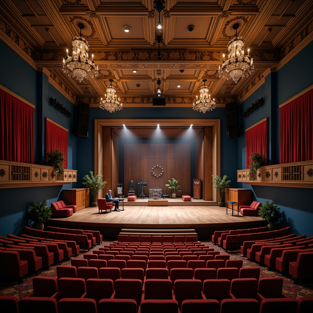 Prompt: Auditorium interior, wooden stage, professional sound equipment, acoustic panels, dark blue walls, plush red seats, ornate golden ceiling, crystal chandeliers, spotlights, ambient warm lighting, shallow depth of field, 3/4 composition, realistic textures, subtle reflections, diffused softbox lights, precise sound diffusion, echo reduction, reverberation control, clear audio clarity, immersive audience experience.