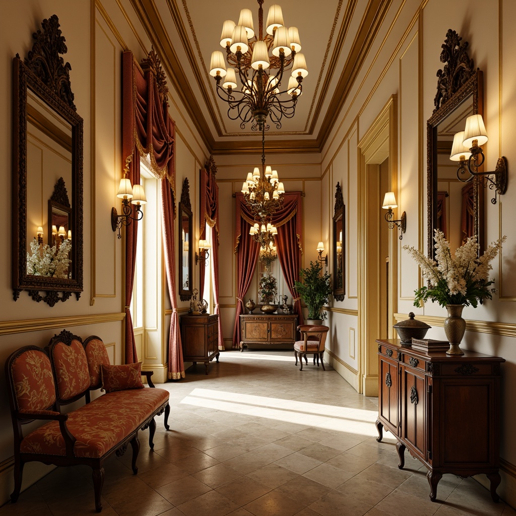 Prompt: Luxurious storage room, ornate Rococo style, rich velvet fabrics, intricate gold accents, soft cream walls, warm beige floors, lavish chandeliers, opulent drapery, distressed wooden furniture, antique bronze hardware, ornamental mirrors, subtle sheen, warm golden lighting, shallow depth of field, 1/2 composition, realistic textures, ambient occlusion.