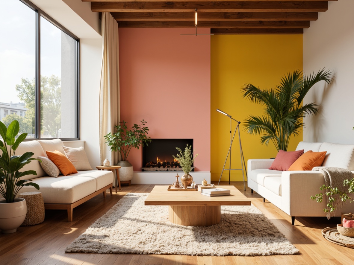 Prompt: Vibrant modern interior, sleek minimalist furniture, bold accent walls, pastel color scheme, soft warm lighting, creamy whites, rich wood tones, metallic accents, natural textiles, bohemian patterns, eclectic decor, trendy urban loft, relaxed atmosphere, 3/4 composition, shallow depth of field, realistic textures, ambient occlusion.