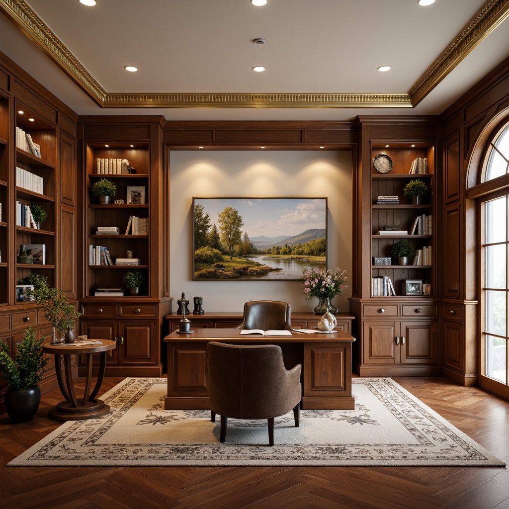 Prompt: Elegant home office, rich wood paneling, ornate moldings, cream-colored walls, vintage furniture, classic bookshelves, leather-bound tomes, subtle gold accents, warm soft lighting, shallow depth of field, 1/2 composition, realistic textures, ambient occlusion, subtle texture overlay, traditional artwork, oil paintings, classic landscape prints.