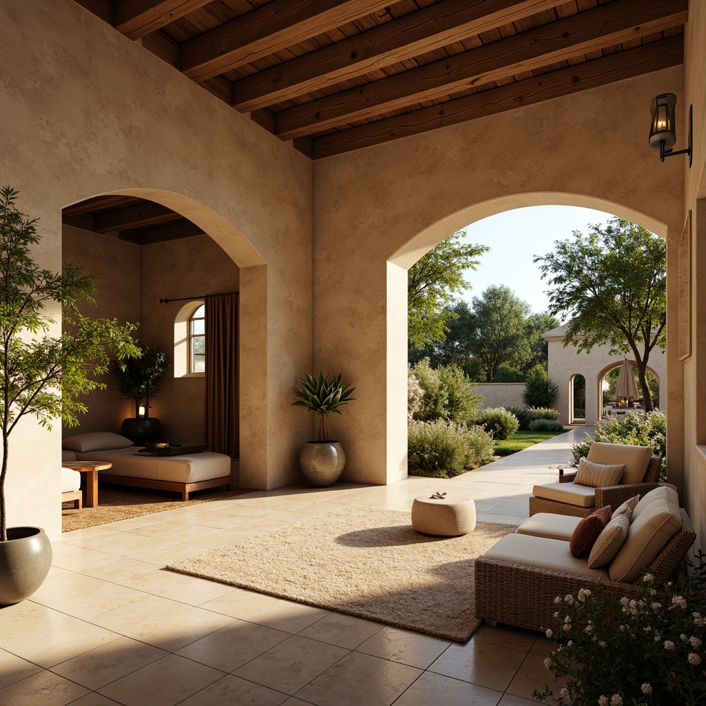 Prompt: Rustic villa, earthy tones, natural stone walls, wooden accents, creamy stucco, warm beige floors, plush area rugs, soft golden lighting, elegant archways, ornate ceiling details, decorative trims, lavish furnishings, lush greenery, blooming flowers, serene courtyard, private patio, tranquil water features, shallow depth of field, 1/1 composition, realistic textures, ambient occlusion.