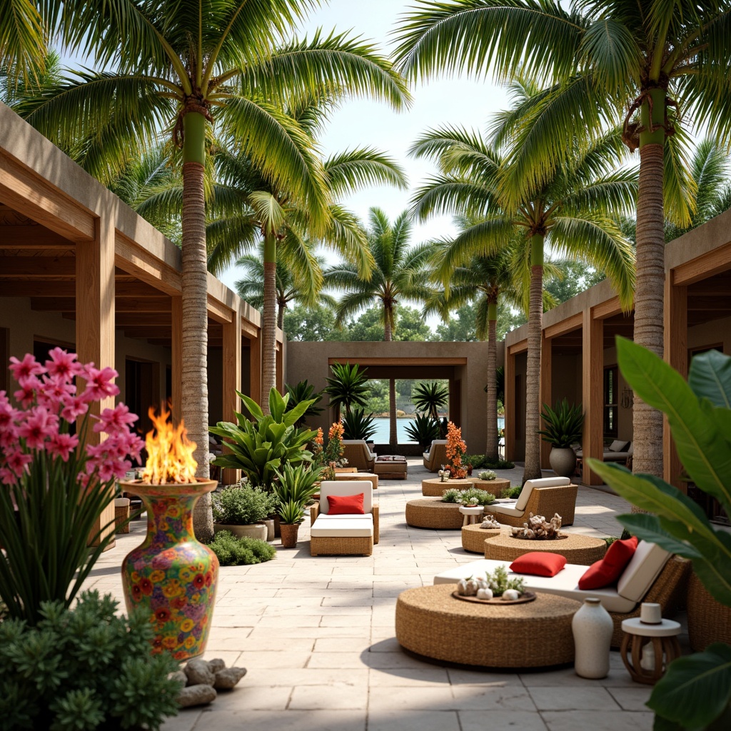 Prompt: Vibrant tropical flowers, lush greenery, exotic palm trees, natural wood accents, woven rattan furniture, colorful tiki torches, ocean-inspired decorative elements, coral-shaped sculptures, seashell-adorned vases, sunny warm lighting, shallow depth of field, 3/4 composition, panoramic view, realistic textures, ambient occlusion, relaxed beachy atmosphere, refreshing outdoor spaces, misting systems, tropical fruit-inspired color palette, intricate island patterns.