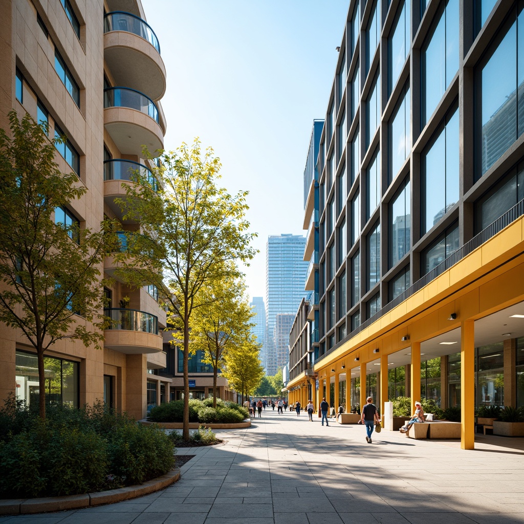 Prompt: Vibrant public plaza, sleek modern architecture, bold color blocking, warm beige stone walls, cool blue glass accents, bright yellow metal railings, lush greenery, dynamic LED lighting, urban cityscape, busy pedestrian traffic, morning sunlight, shallow depth of field, 1/1 composition, realistic textures, ambient occlusion.