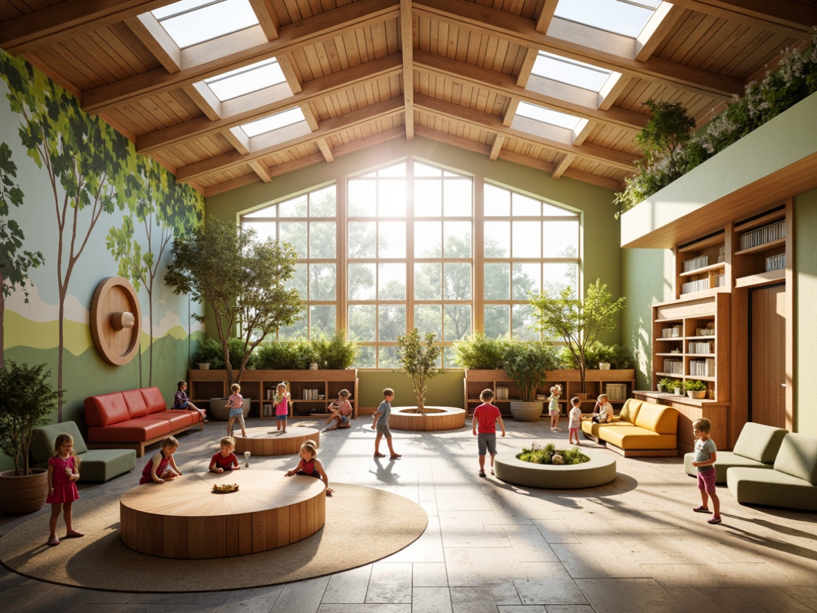 Prompt: Vibrant kindergarten interior, playful children, soft warm lighting, large windows, clerestory windows, skylights, natural stone floors, wooden accents, colorful furniture, educational murals, circular tables, cozy reading nooks, textured rugs, greenery walls, living plants, airy atmosphere, 1/1 composition, shallow depth of field, panoramic view, realistic textures, ambient occlusion.