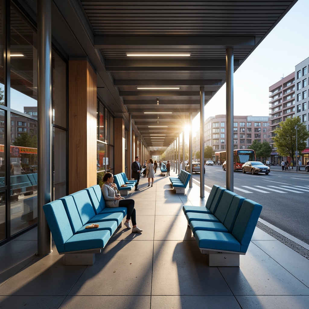 Prompt: Modern bus station, functional seating areas, sleek metal benches, ergonomic design, vibrant blue upholstery, stainless steel frames, polished concrete floors, natural stone walls, ample legroom, comfortable waiting areas, urban cityscape, bustling streets, morning rush hour, soft warm lighting, shallow depth of field, 1/1 composition, realistic textures, ambient occlusion.