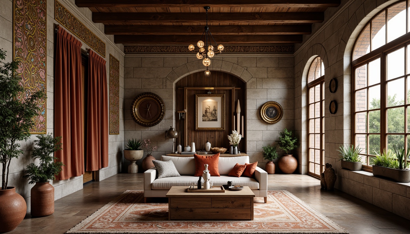 Prompt: Richly textured stone walls, distressed wood accents, ornate metalwork, lavish velvet drapes, intricate mosaic patterns, rustic brick facades, natural fiber rugs, earthy terracotta pots, organic shapes, whimsical sculptures, eclectic art pieces, vintage furniture, soft warm lighting, shallow depth of field, 3/4 composition, realistic textures, ambient occlusion.