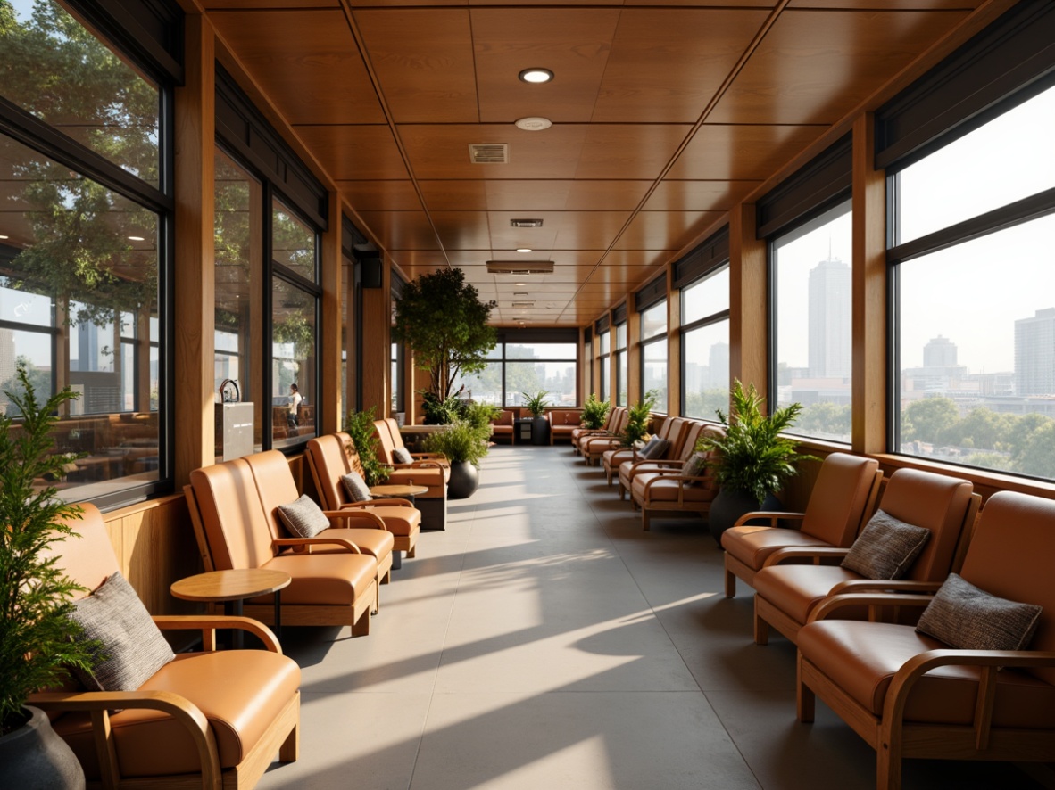 Prompt: Cozy train station interior, wooden benches, soft cushioning, warm lighting, natural wood tones, comfortable seating areas, ergonomic chairs, sturdy metal frames, vibrant color accents, textured fabrics, noise-reducing materials, calming atmosphere, modern minimalist design, sleek lines, ample legroom, convenient power outlets, USB charging ports, luggage racks, spacious waiting areas, large windows, panoramic views, cityscape backdrops, warm beige tones, soft brown leather, calming greenery, lush plants, ambient sounds, 1/1 composition, shallow depth of field, realistic textures.