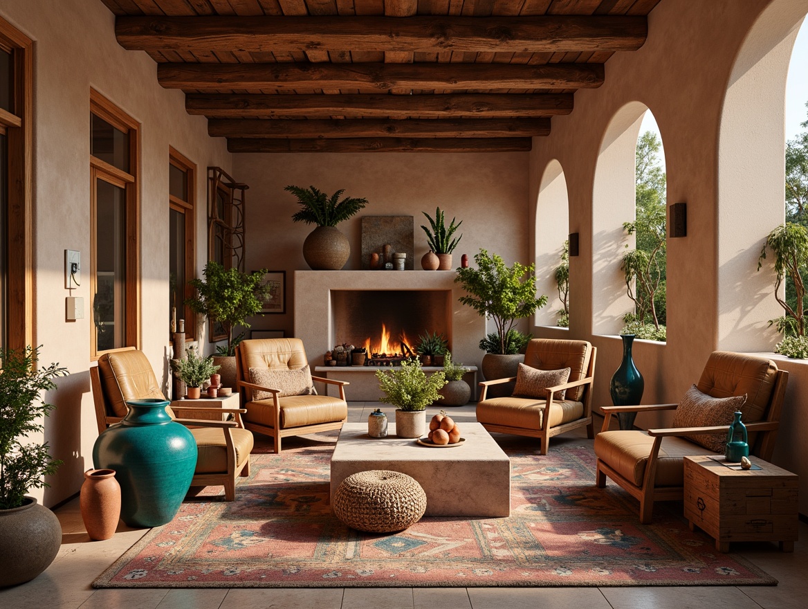 Prompt: Vibrant turquoise accents, earthy terracotta pots, woven Native American-inspired textiles, rustic wooden furniture, leather-upholstered armchairs, geometric-patterned rugs, natural stone flooring, adobe-style walls, arched windows, ornate metalwork, warm candlelighting, shallow depth of field, 1/1 composition, realistic textures, ambient occlusion.