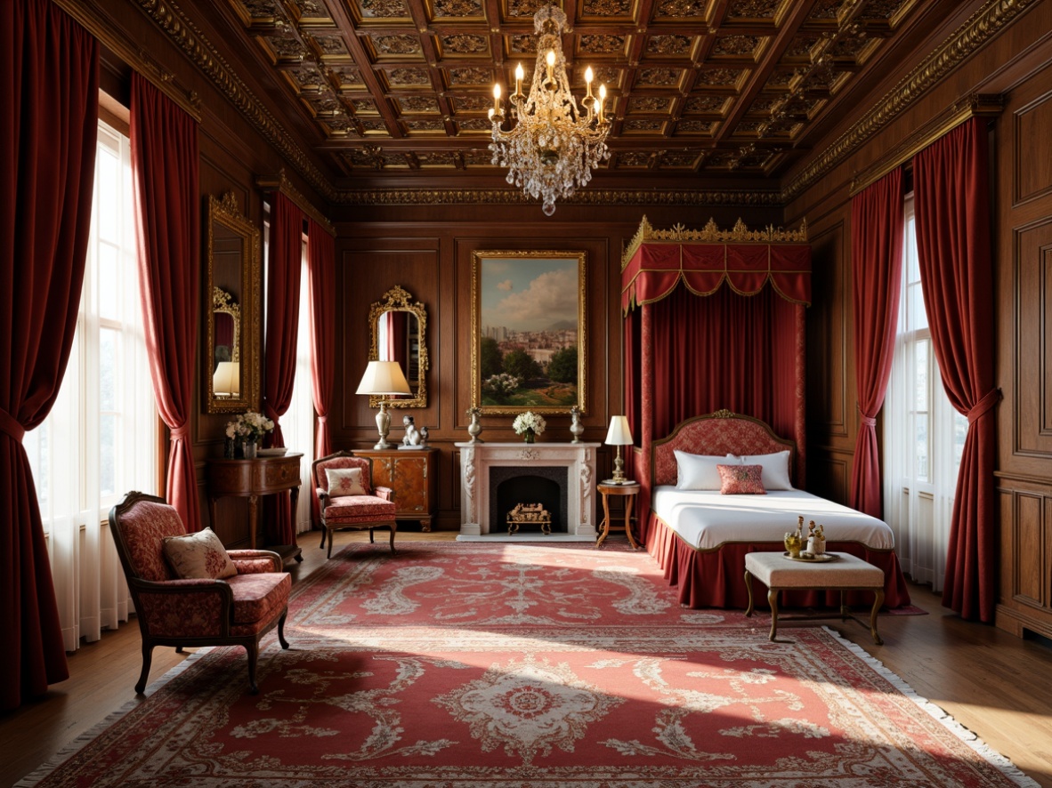 Prompt: Luxurious velvet drapes, intricately carved wooden furniture, ornate gilded frames, richly patterned rugs, majestic four-poster beds, lavishly upholstered armchairs, opulent crystal chandeliers, delicate porcelain vases, antique bronze statues, classic oil paintings, refined marble fireplaces, subtle silk fabrics, warm golden lighting, soft focus blur, 1/1 composition, realistic textures, atmospheric perspective.