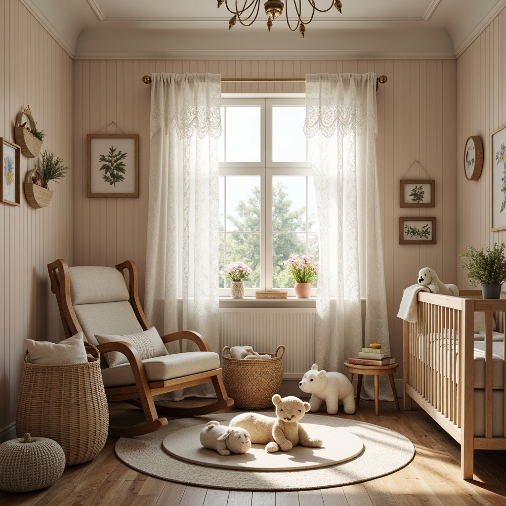 Prompt: Cozy baby room, vernacular style, soft pastel colors, warm wooden accents, plush toys, gentle lighting, white lace curtains, delicate florals, woven baskets, natural fibers, comfortable glider, vintage-inspired furniture, distressed finishes, earthy tones, rustic textures, whimsical illustrations, tender moments, shallow depth of field, 1/2 composition, softbox lighting, realistic fabrics.