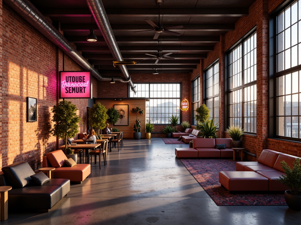 Prompt: Industrial warehouse, exposed brick walls, metal beams, polished concrete floors, vibrant color accents, neon signs, urban loft atmosphere, reclaimed wood furniture, eclectic decorative items, industrial-chic lighting fixtures, bold graphic patterns, contrasting textures, dynamic shadows, warm golden hour lighting, shallow depth of field, 2/3 composition, realistic renderings, ambient occlusion.