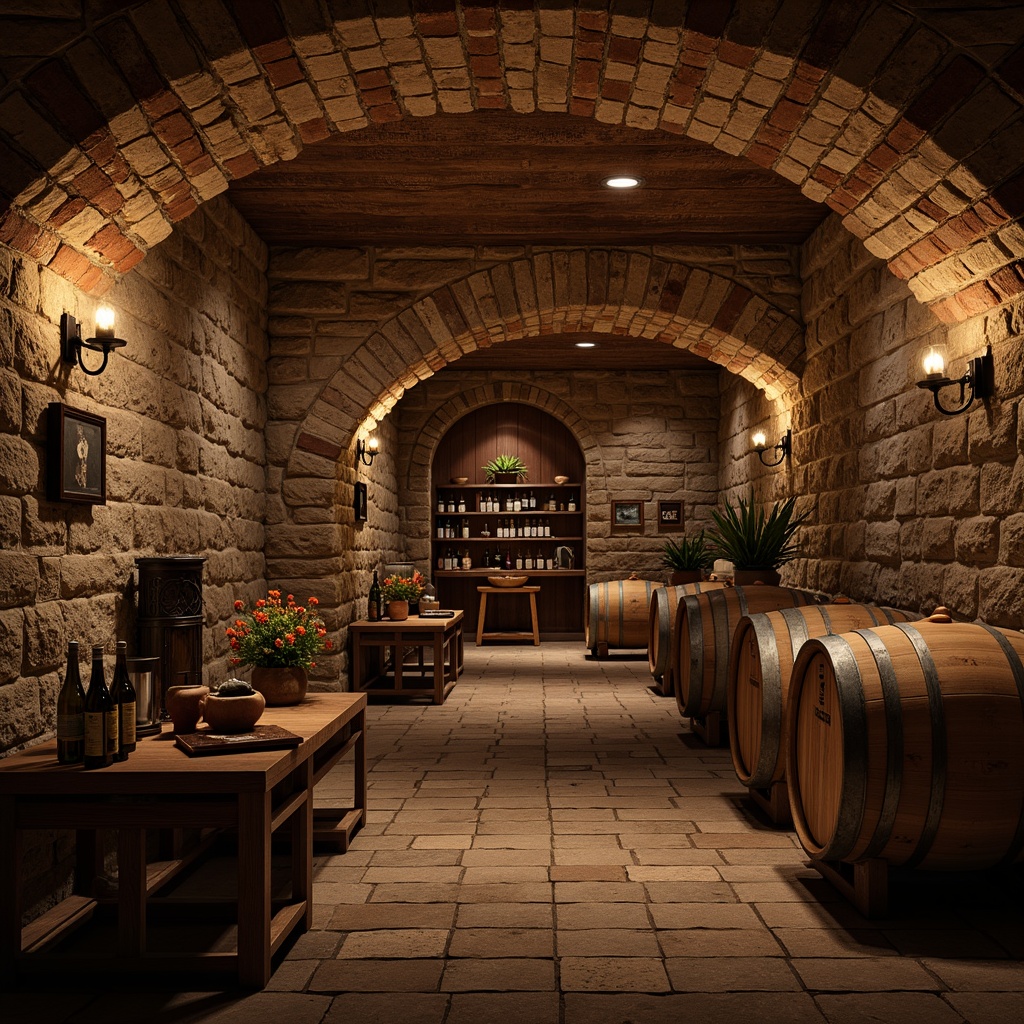 Prompt: Rustic wine cellar, stone walls, wooden barrels, dim warm lighting, rich wood textures, distressed finishes, earthy tones, natural stone floors, brick arches, wrought iron decor, vintage wine bottles, leather-bound tomes, ornate metalwork, soft candlelight, cozy atmosphere, 1/1 composition, shallow depth of field, realistic renderings.