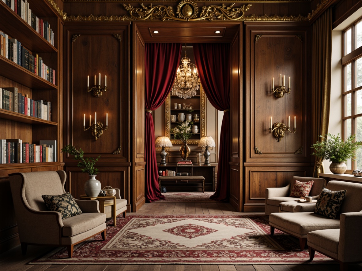 Prompt: Luxurious storage room, ornate gold frames, rich velvet fabrics, soft silk textiles, intricate embroidery patterns, delicate lace trimmings, opulent satin drapes, distressed wooden cabinets, antique bronze hardware, ornamental mirrors, crystal chandeliers, warm candlelight, shallow depth of field, 1/1 composition, realistic textures, ambient occlusion.