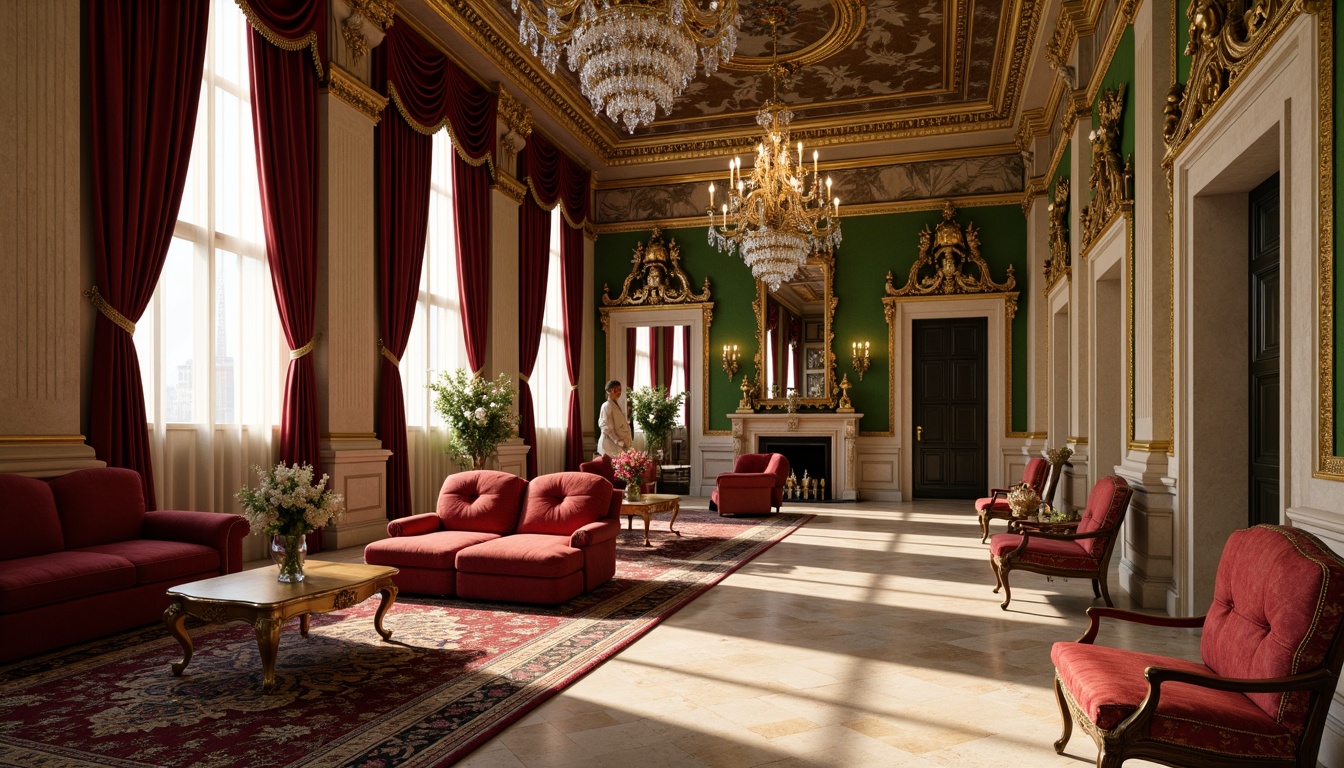 Prompt: Opulent Baroque interior, rich velvet fabrics, intricate golden ornaments, lavish crystal chandeliers, ornate mirrors, majestic stone columns, dramatic archways, warm beige marble floors, soft cream accents, luxurious emerald green walls, deep crimson red furnishings, gilded frames, subtle bronze metallic tones, ambient warm lighting, shallow depth of field, 1/2 composition, realistic textures, detailed normal maps.