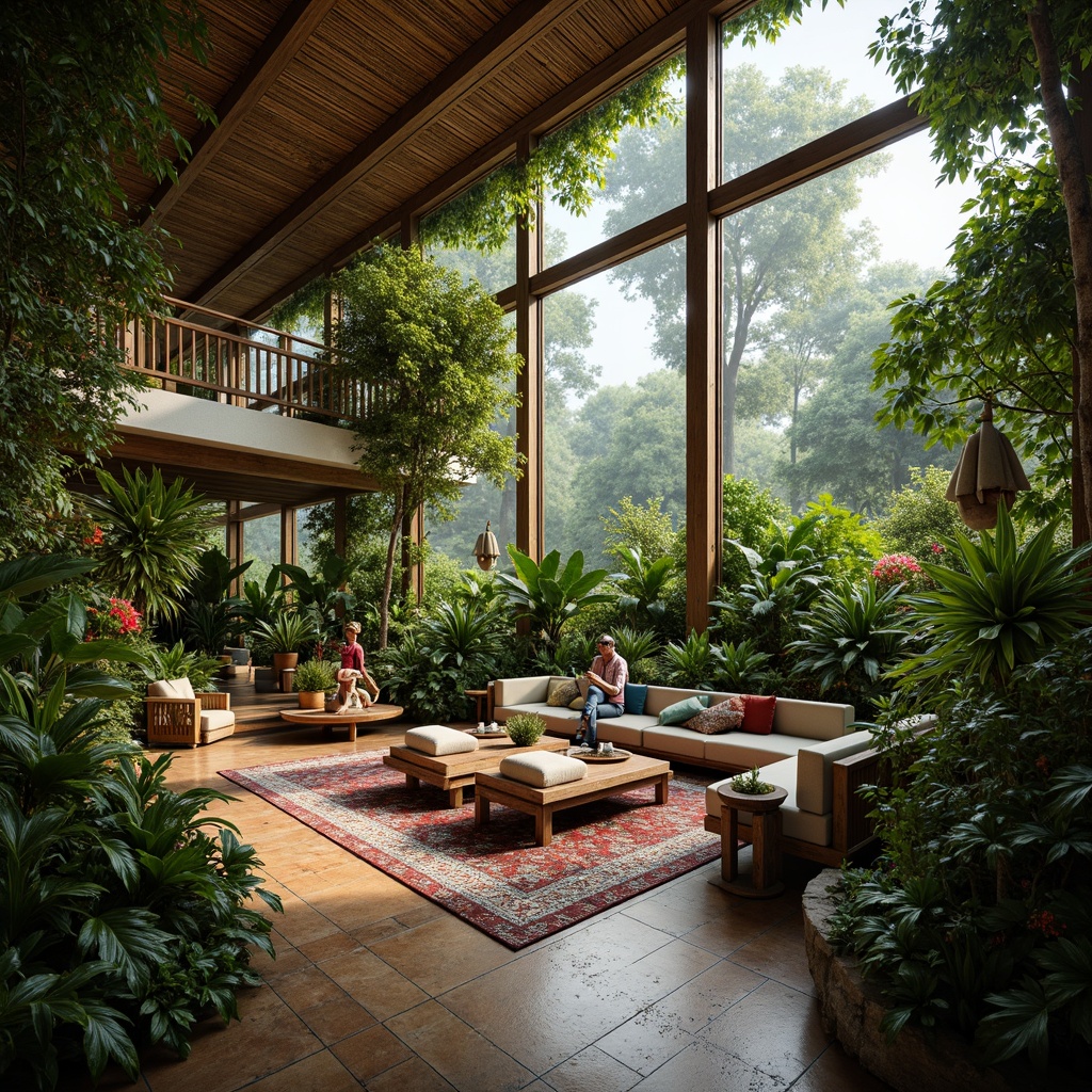 Prompt: Lush tropical foliage, exotic flowers, wooden accents, natural stone walls, bamboo ceilings, rattan furniture, vibrant greenery, misty atmosphere, soft warm lighting, shallow depth of field, 3/4 composition, panoramic view, realistic textures, ambient occlusion, jungle-inspired patterns, colorful textiles, intricate geometric motifs, zoo-themed decorations, animal-shaped planters, tropical bird species, playful monkey sculptures.