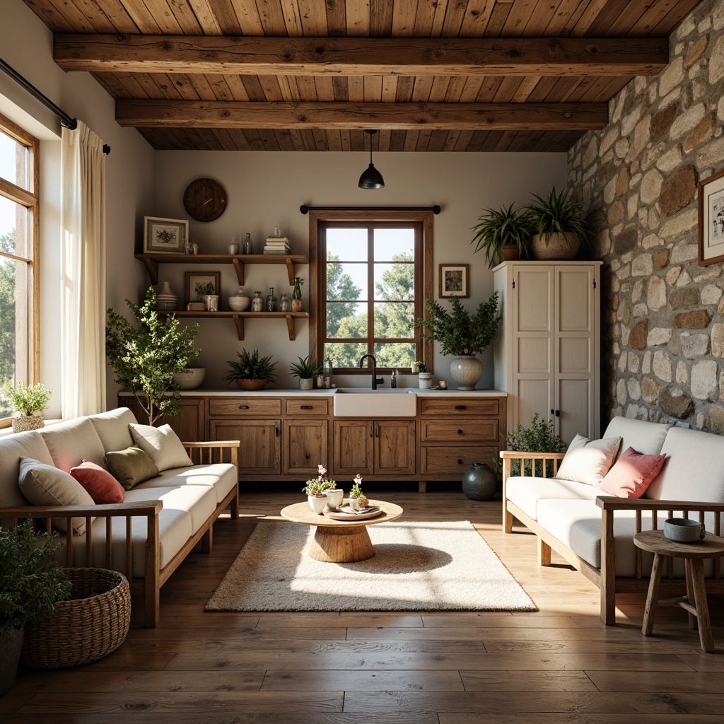 Prompt: Rustic farmhouse, vintage charm, earthy tones, weathered wood accents, distressed finishes, soft pastels, muted hues, natural materials, stone walls, wooden beams, cozy atmosphere, warm lighting, soft shadows, 1/2 composition, intimate focus, realistic textures, ambient occlusion.