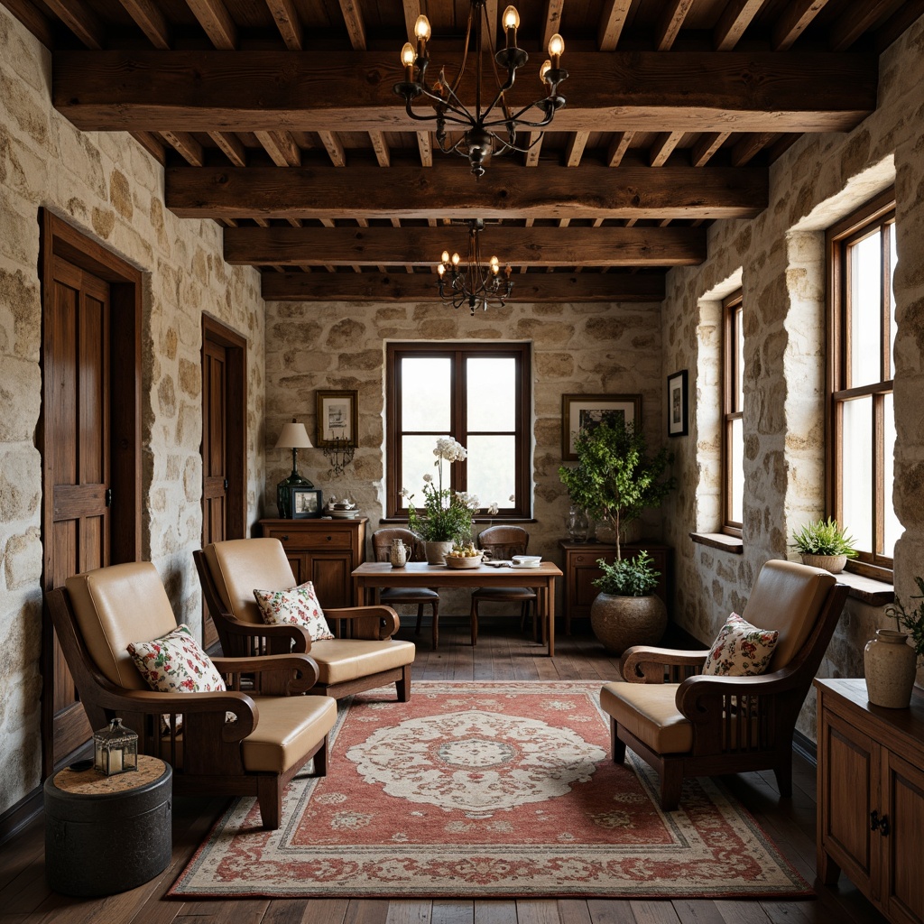 Prompt: Vintage farmhouse, distressed wood furniture, worn leather armchairs, rusty metal decor, natural stone walls, earthy color palette, wooden beams, lantern lighting, woven textiles, floral patterns, country-inspired accents, antique collectibles, soft candlelight, warm cozy atmosphere, shallow depth of field, 1/1 composition, realistic textures, ambient occlusion.