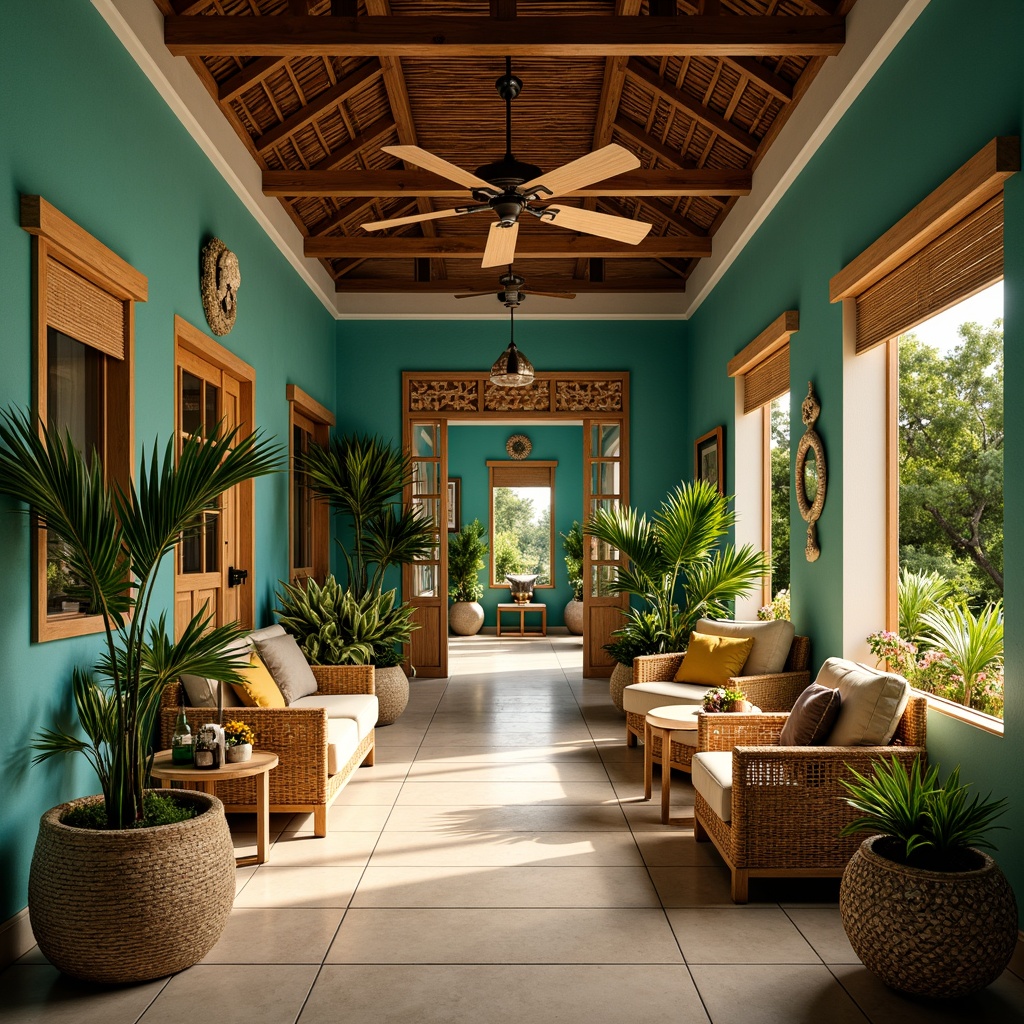 Prompt: Tropical style hall, exotic plants, colorful floral arrangements, rattan furniture, woven textiles, natural wood accents, vibrant turquoise walls, intricate wooden carvings, shell decorations, palm frond ceiling fans, warm golden lighting, soft focus effect, 1/1 composition, realistic reflections, ambient occlusion.