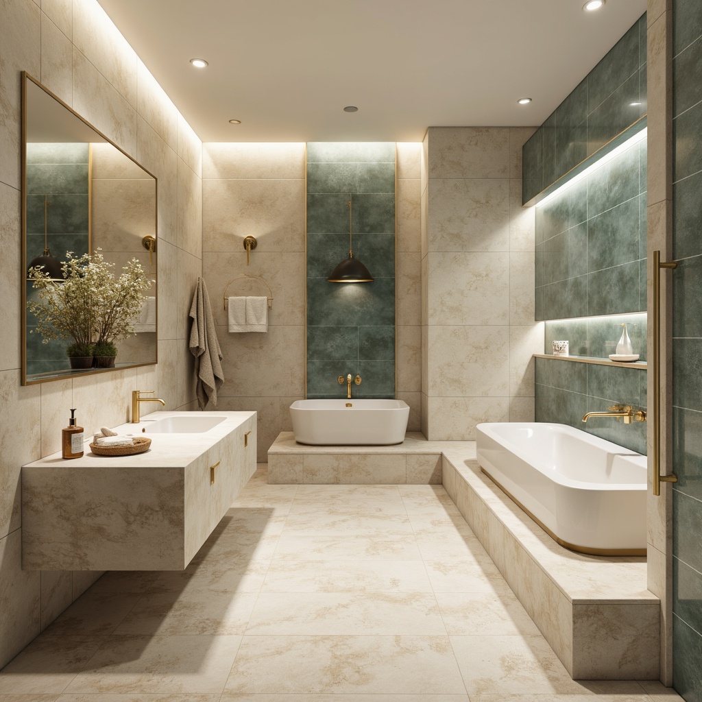 Prompt: Soft creamy whites, warm beige tones, calming aqua blues, rich charcoal grays, luxurious gold accents, spa-like ambiance, natural stone textures, glass tile backsplashes, sleek modern fixtures, minimalist design, LED lighting, warm ambient glow, 1/1 composition, realistic reflections, subtle color gradations.