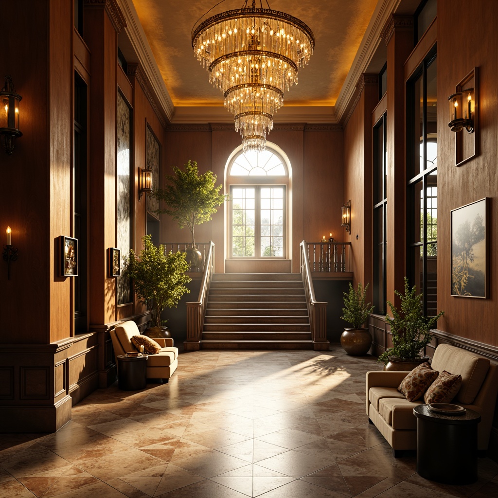 Prompt: Grand entrance, luxurious chandelier, crystal drops, warm golden lighting, soft ambient glow, modern pendant lights, sleek metal fixtures, elegant marble floor, lavish furnishings, ornate mirrors, stunning staircase, rich wood tones, dramatic shadowing, high-contrast ratio, cinematic depth of field, 1/2 composition, shallow focus, vivid color palette.