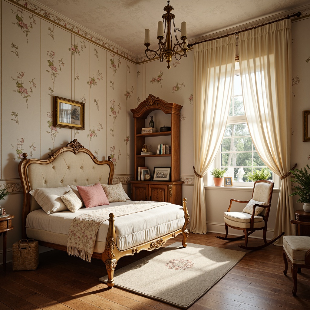 Prompt: Whimsical children's bedroom, ornate Victorian furniture, rich wood tones, plush velvet fabrics, soft pastel hues, creamy whites, warm golden lighting, intricate lace patterns, delicate florals, vintage toys, classic storybooks, wooden rocking horses, floral wallpaper, distressed finishes, luxurious drapes, cozy reading nooks, rustic wood floors, bright natural light, shallow depth of field, 1/1 composition, soft focus effect.