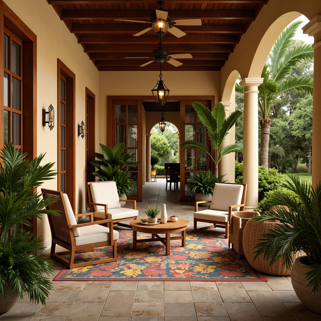 Prompt: Rich wood accents, warm beige walls, lush greenery, exotic palm trees, vibrant floral patterns, natural stone floors, tropical hardwood furniture, woven rattan chairs, colorful ceramic tiles, soft golden lighting, 1/1 composition, intimate atmosphere, realistic textures, ambient occlusion.