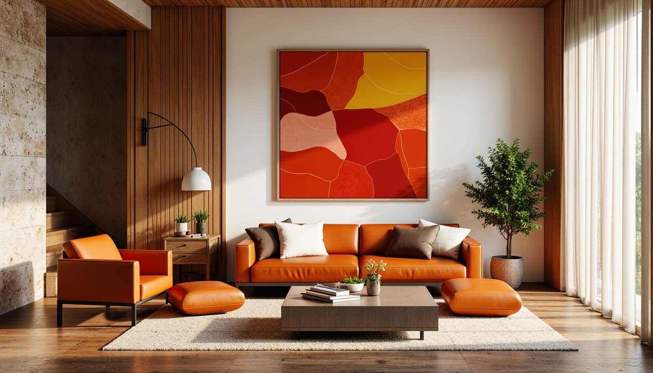 Prompt: Vibrant persimmon hues, warm golden tones, deep burnt orange shades, creamy whites, rich wood textures, natural stone accents, modern minimalist furniture, sleek metal frames, abstract geometric patterns, bold colorful artwork, eclectic decorative accessories, cozy ambient lighting, shallow depth of field, 1/2 composition, soft focus effect, realistic render.