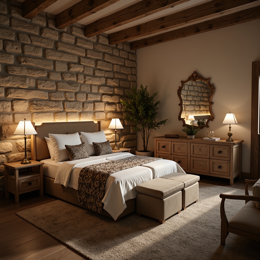 Prompt: Cozy bedroom, soft warm lighting, plush carpeting, textured stone walls, natural earth tones, rustic wooden furniture, minimalist decor, calming ambiance, serene atmosphere, intimate space, comfortable seating, velvet upholstery, ornate mirrors, subtle patterns, gentle color palette, 3/4 composition, shallow depth of field, realistic textures, ambient occlusion.