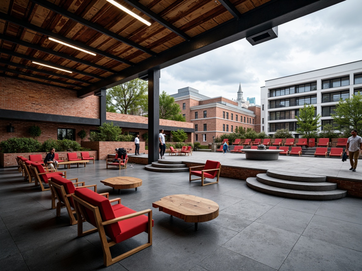 Prompt: Rustic industrial amphitheater, metal beam structures, reclaimed wood accents, exposed brick walls, modern minimalist seating, ergonomic chairs, bold color schemes, dynamic lighting systems, stepped seating arrangement, circular platforms, elevated performance stages, urban cityscape views, cloudy skies, warm atmospheric lighting, shallow depth of field, 1/2 composition, realistic textures, ambient occlusion.