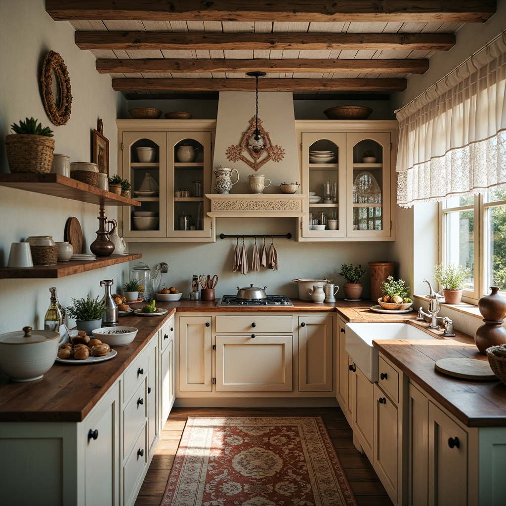 Prompt: Vintage kitchen, distressed cabinets, soft pastel colors, floral patterns, lace curtains, antique furniture, ornate metalware, delicate ceramics, rustic wooden accents, woven baskets, natural fiber rugs, warm candlelight, soft focus photography, shallow depth of field, 2/3 composition, romantic ambiance, feminine touches.